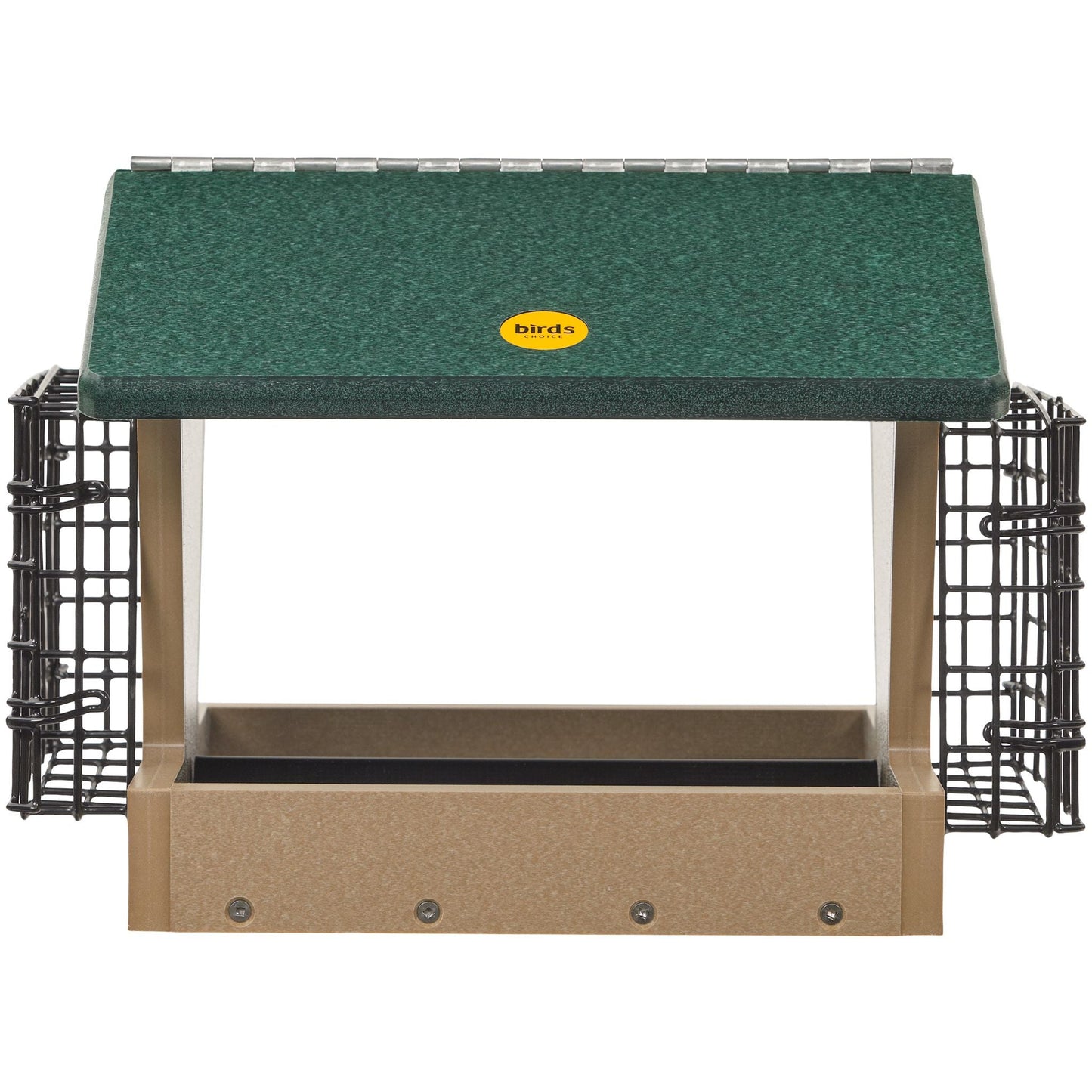 Medium Hopper Bird Feeder with Suet Cages in Taupe and Green Recycled Plastic