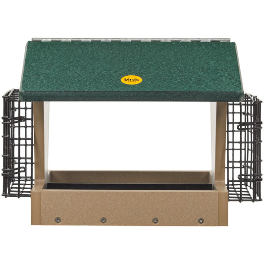Medium Hopper Bird Feeder with Suet Cages in Taupe and Green Recycled Plastic