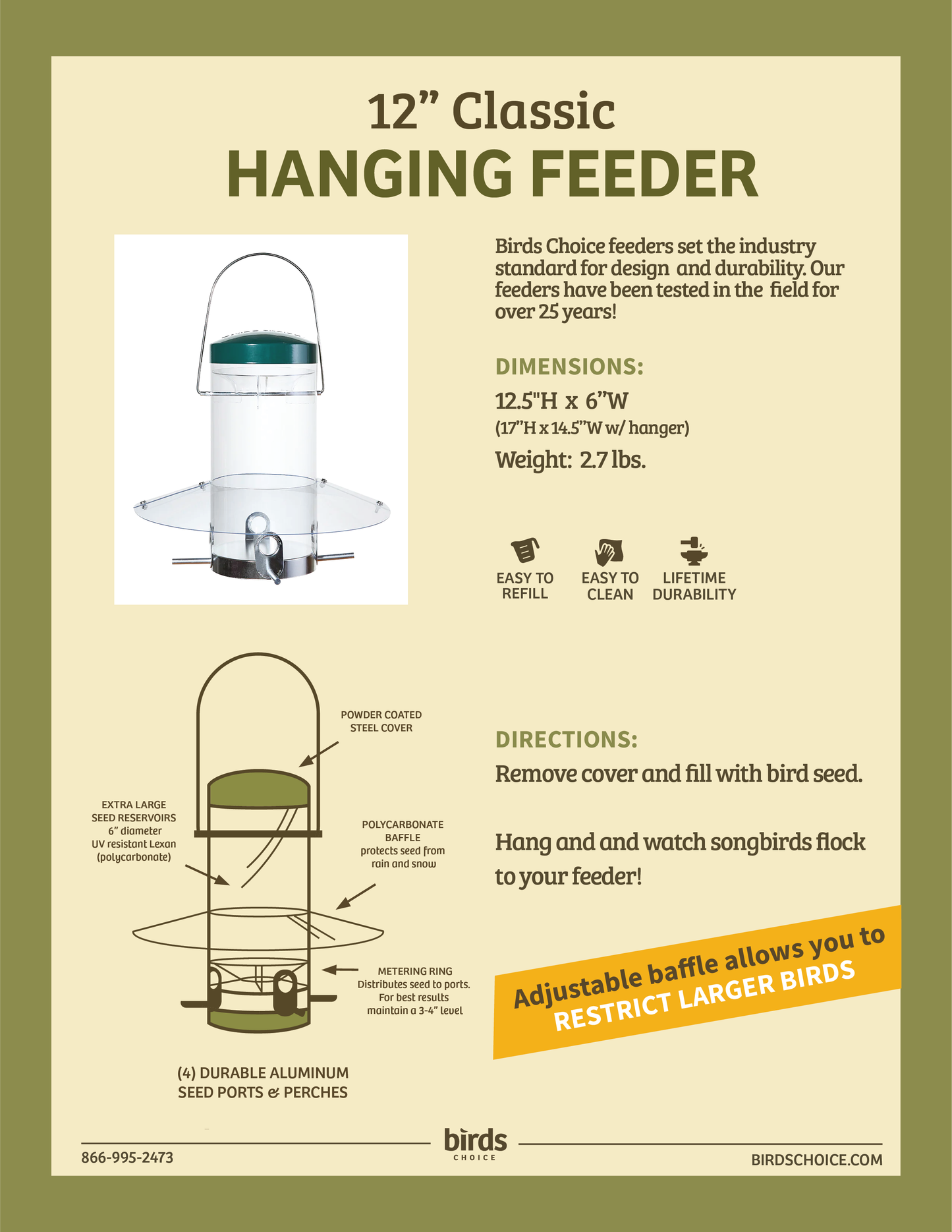 Hanging Classic Bird Feeder with Baffle Weather Guard 12 Inch