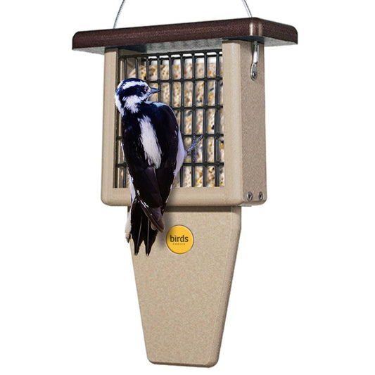 Suet Feeder with Tail Prop for Single Cake in Taupe and Brown Recycled Plastic