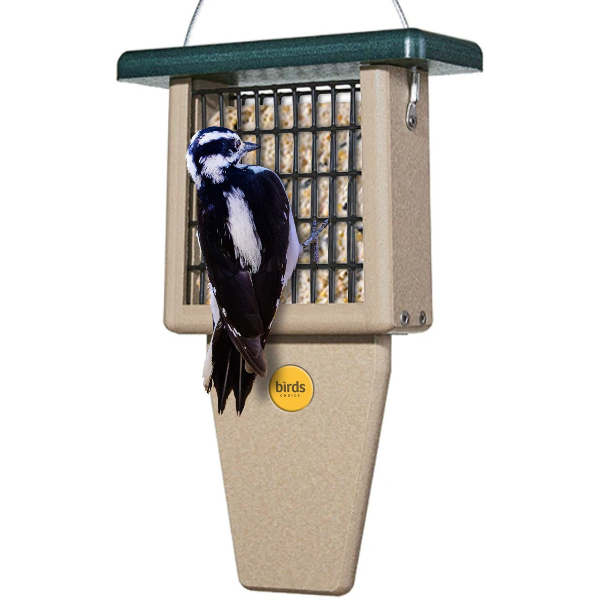 Suet Feeder with Tail Prop for Single Cake in Taupe and Green Recycled Plastic