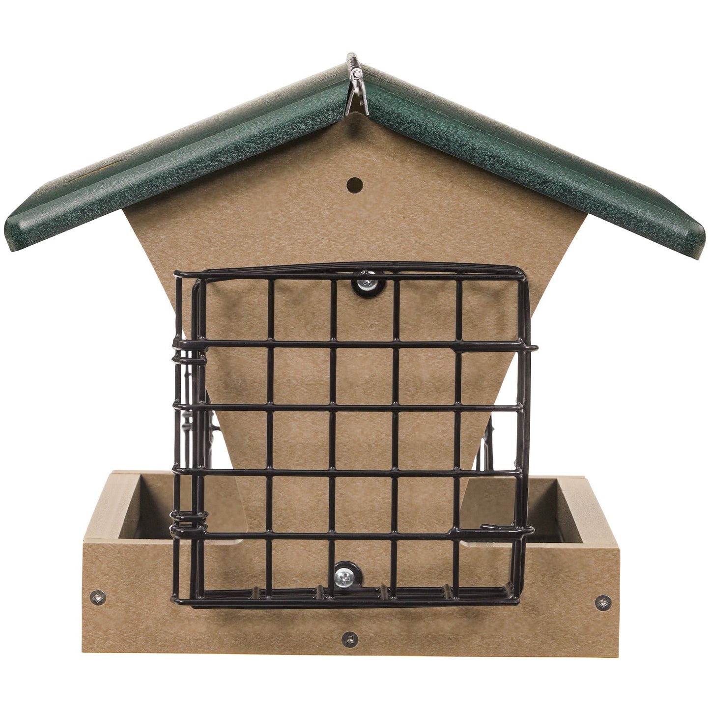 Medium Hopper Bird Feeder with Suet Cages in Taupe and Green Recycled Plastic