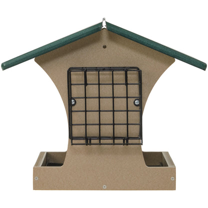 Large Hopper Bird Feeder with Suet Cages in Taupe and Green Recycled Plastic