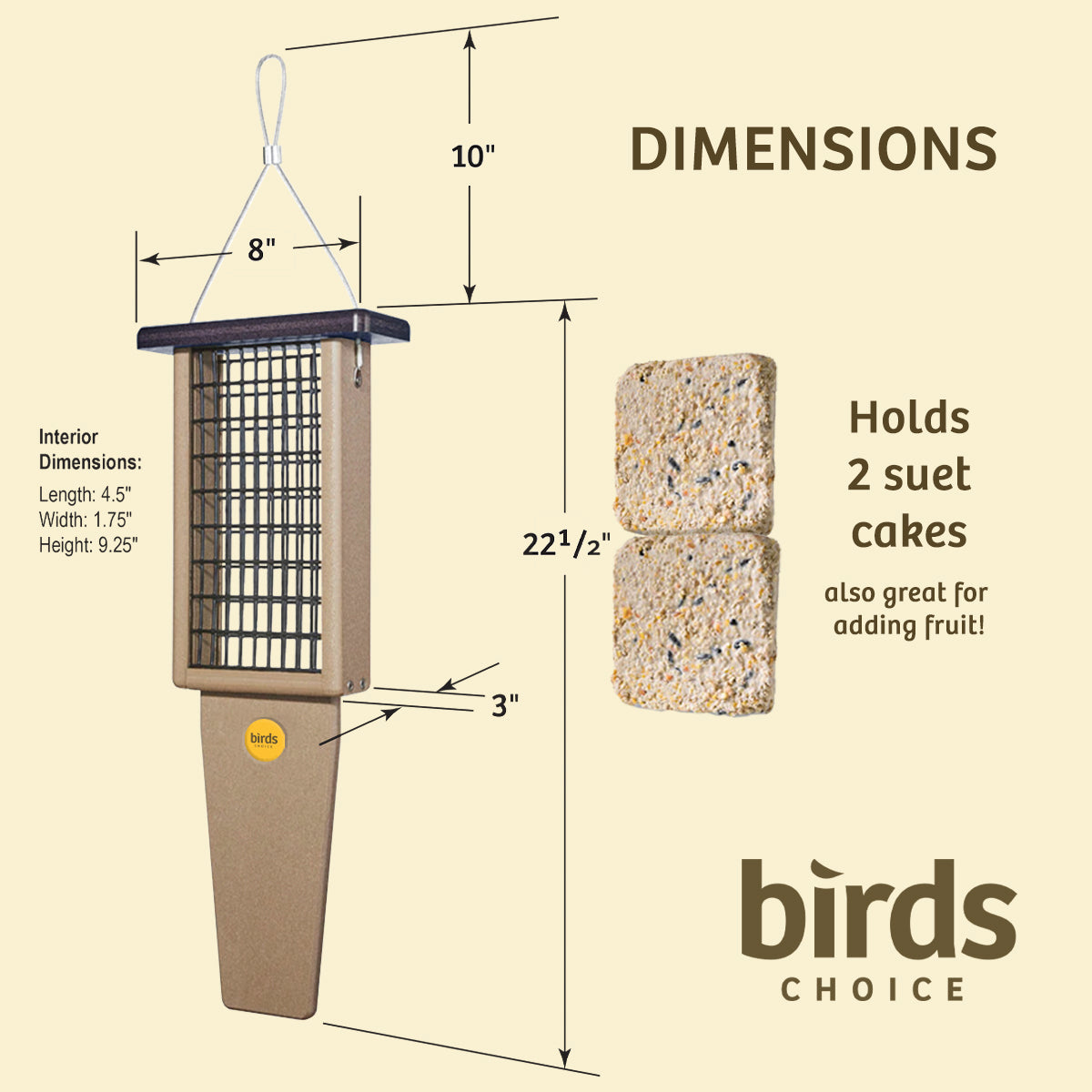 Suet Feeder with Tail Prop for Two Cakes in Taupe and Brown Recycled Plastic