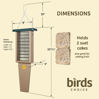 Suet Feeder with Tail Prop for Two Cakes in Taupe and Green Recycled Plastic