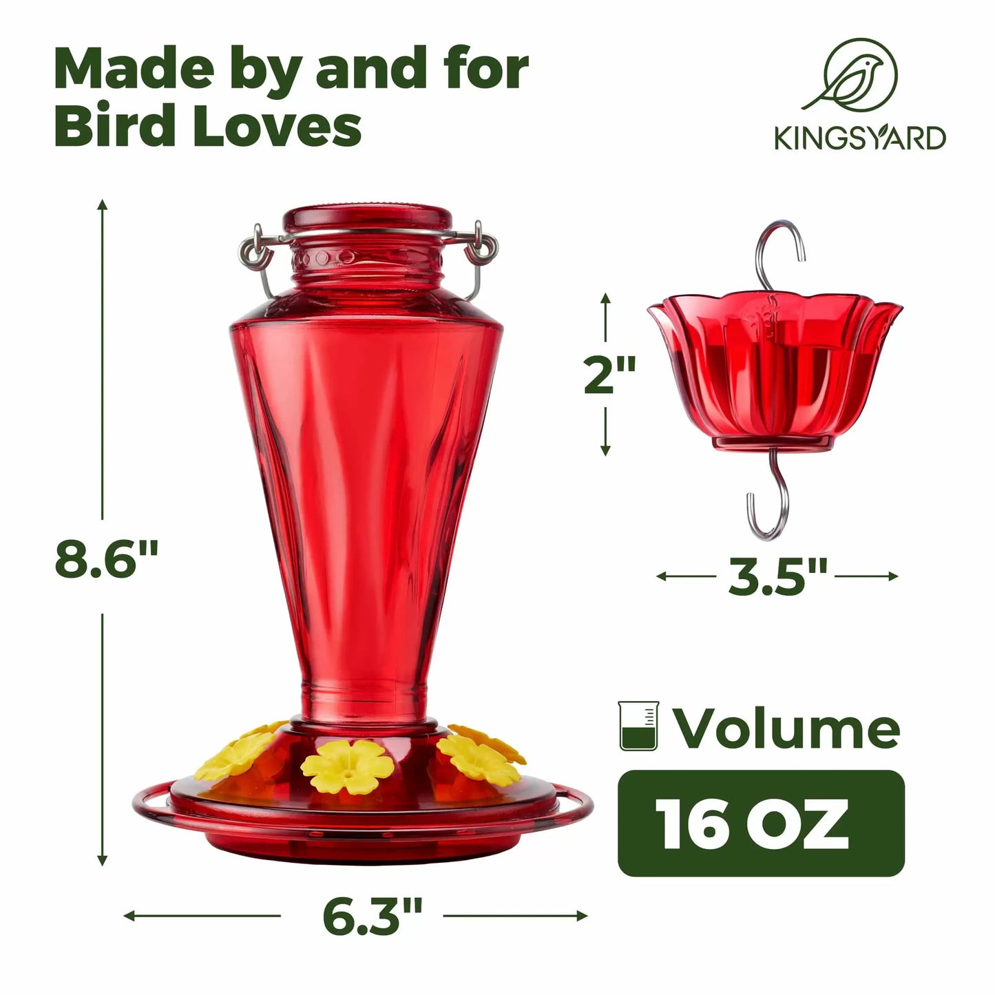 Kingsyard 16oz Glass Hummingbird Feeder with Ant & Bee Proof