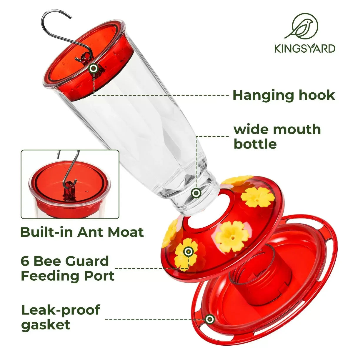 Kingsyard 16oz Plastic Hummingbird Feeder with Bee & Ant Proof